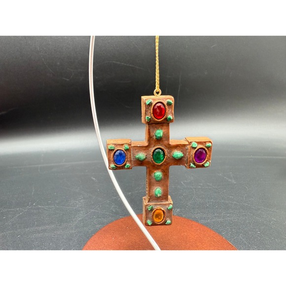 Faux Medieval Jeweled Cross Christmas Ornament Bronze Resin with Colorful Gems - Picture 1 of 5